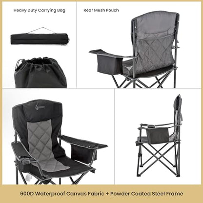 ARROWHEAD OUTDOOR Portable Deluxe Folding Camp Quad Chair w/Headrest, Glass & Cup Holders, Armest 6-can Cooler, Heavy Duty Carry Bag, 550 lbs Weight Capacity - color: Black