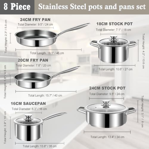 Stainless Steel Pots and Pans Set, 8 Piece Kitchen Induction Cookware Sets with Glass Lids, Works with Induction, Electric and Gas Cooktops, Non Toxic, Oven & Dishwasher Safe - size: 8