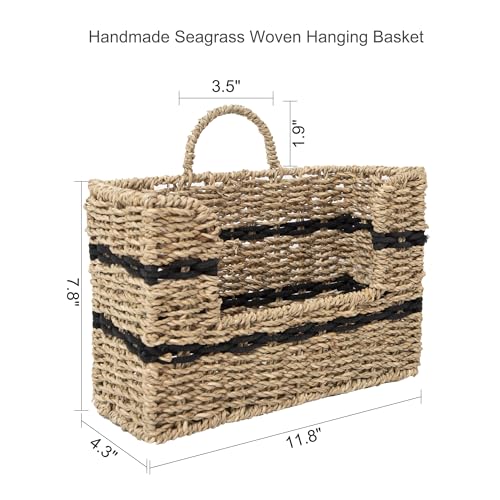 Handmade Seagrass Woven Hanging Basket with Black Cotton Rope - 11.81 x 4.33 x 7.87 Inches - Ideal for Wall Decor & Storage (Rectangular opening) - style: Rectangular opening