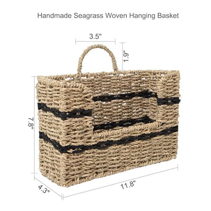 Handmade Seagrass Woven Hanging Basket with Black Cotton Rope - 11.81 x 4.33 x 7.87 Inches - Ideal for Wall Decor & Storage (Rectangular opening) - style: Rectangular opening