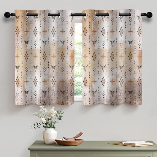 Tribal Aztec Blackout Small Window Curtains for Kitchen Bedroom Western Bull Skull Boho Grommet Short Thermal Insulated Curtain Native Ethnic Rustic Bathroom Privacy Drapes 2 Panels, 42x36in - color: Orange Black, size: 42"W x 36"L (Pack of 2)