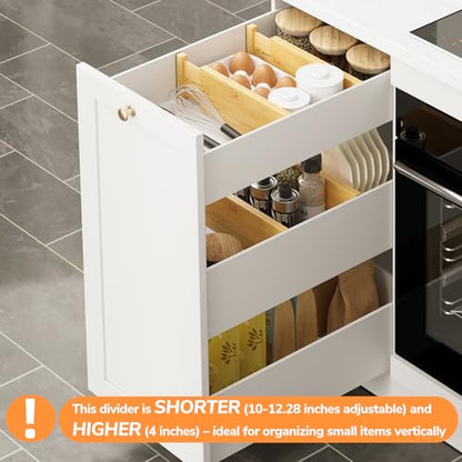 BAMEOS 4" High Bamboo Drawer Dividers - Adjustable Small Drawer Organizer - Kitchen, Dresser, Bathroom, Bedroom & Office - 4-pack - size: 4''H, 10''-12.28''L