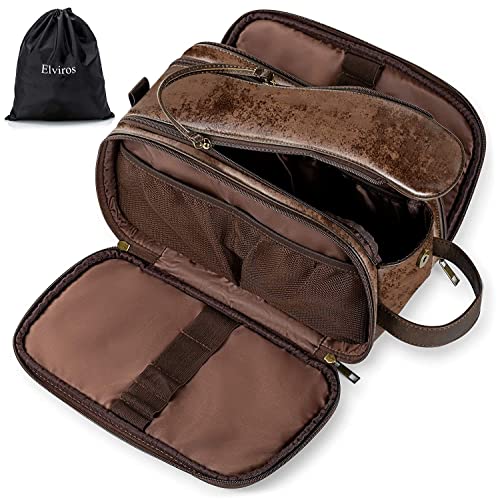 Elviros Toiletry Bag for Men, Large Travel Shaving Dopp Kit Water-resistant Bathroom Toiletries Organizer PU Leather Cosmetic Bags Fathers Day Gift (Medium, Chocolate) - color: Dark Coffee, size: Medium (Pack of 1)