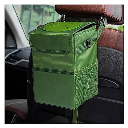 Kewucn Car Trash Can with Lid, Waterproof Mini Auto Garbage Can, Leak-Proof Vehicle Organizer and Storage Pockets, Hanging Collapsible Trash Bin, Universal Accessories for Most Cars (Army Green)