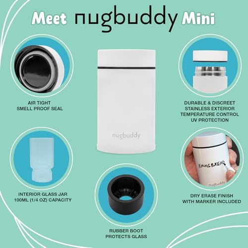 nugbuddy Mini Airtight Storage Container - Vacuum Sealed Insulated w Nested Glass Jar - UV Protection, Temperature Controlled Stainless - 100 ml (1/4 Oz) - color: White, size: 100 ML
