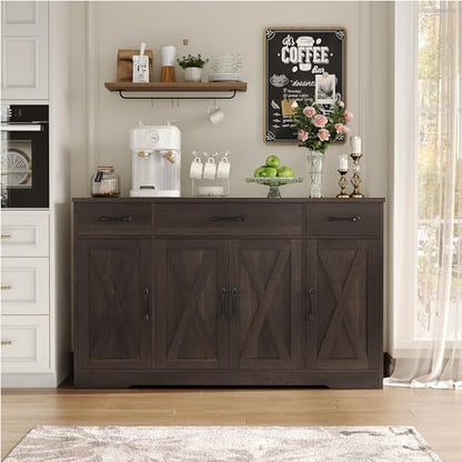 HOSTACK Buffet Cabinet with Drawers, 55" Large Sideboard Buffet Storage Cabinet with Shelves and Doors, Modern Farmhouse Coffee Bar Station Wood Kitchen Table for Kitchen, Dining Room, Dark Brown - color: Dark Brown