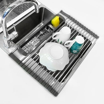 Roll Up Dish Drying Rack Over The Sink, 304 Stainless Stee Dish Drainer, Foldable & Adjustable Sink Drying Rack for Kitchen Sink Counter with Utensil Holder (Gray, Expandable) - size: Large