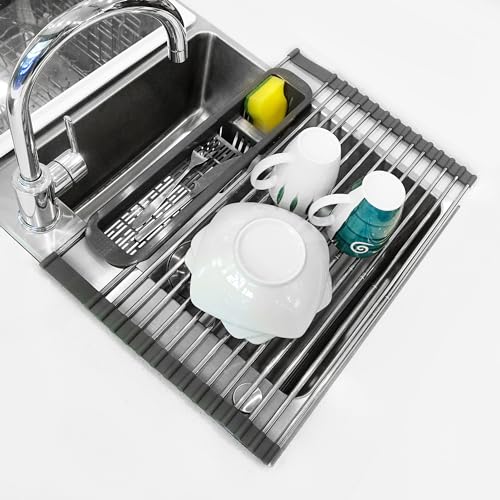 Roll Up Dish Drying Rack Over The Sink, 304 Stainless Stee Dish Drainer, Foldable & Adjustable Sink Drying Rack for Kitchen Sink Counter with Utensil Holder (Gray, Expandable) - size: Large