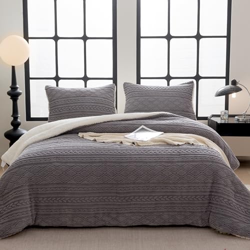 COTTEBED Sherpa Fluffy Comforter Sets King Size, Boho Tufted Bedding Down Blanket Comforter, Super Soft Polycotton Shabby Plush Fleece Sherpa Warm Medium Weight All Season Winter, Gray King/Cal King - color: Dark Gray, size: King/Cal King(Sherpa)