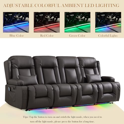TUNYI Power Loveseat Recliner Sofa with Massage & Heat Home Theater Seating with Console RV Recliner Loveseat Sofa with USB/Storage/Side Pocket/LED Light/Speaker (Brown, 4 Seat) - color: Brown, size: 4 Seat