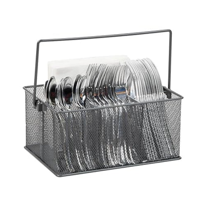 Mind Reader Multi-purpose Storage Caddy with Handle, Desktop Organizer, Cutlery Holder, 4 Compartments, Metal Mesh, Gray - color: Gray