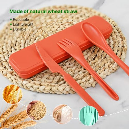 Travel Utensils Set with Case, 8 Sets Camping Utensils Reusable Wheat Straw Utensils Set With Case, Knife Spoon and Fork Set for Lunch Box - color: Multicolor