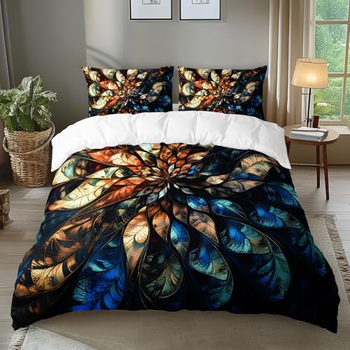 AILONEN Luxury Floral Bedding Set King Size for Girls Women,Blue and Gold Mandala Duvet Cover with 2 Pillowcases,3-Piece Abstract Art Comforter Cover Set for Bedroom Decor - color: Mandala15, size: King