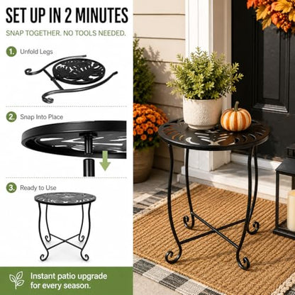 Outdoor Side Table 15 Inch Tall, Tool-Free Metal Patio End Table with Monstera Design, Space Saving Round Stand for Porch Balcony Garden (Monstera) - color: Monstera