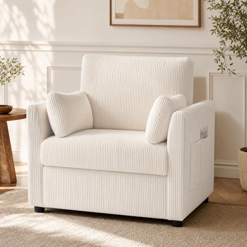 38" Modern Accent Chair, Corduroy Chair with Soft Pillows and Side Pockets, Comfy Single Reading Chairs for Living Room, Bedroom Beige - color: Chair & Beige 38"