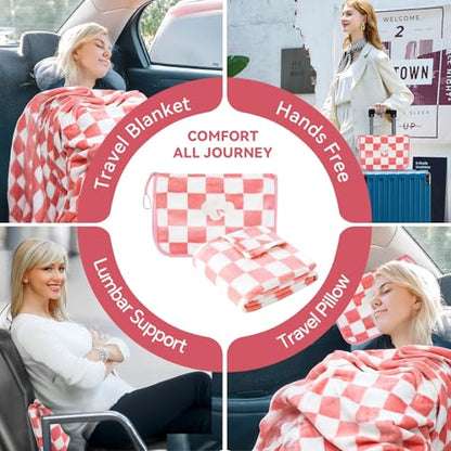 Travel Blanket and Pillow Compact, Premium Soft 2 in 1 Airplane Blanket with Soft Bag Pillowcase，Hand Luggage Sleeve and Backpack Clip (Ckeckered Pink) - color: Checkered Pink