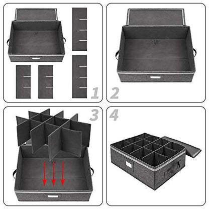 popoly Cup and Mug Storage Box 2 Pack, Coffee Mug Storage Holds 24 Mugs, Tea Cups and Glasses with with Hard Shell and Dividers, Hard Top, Sides and Stackable (Grey) - size: 2 Pack
