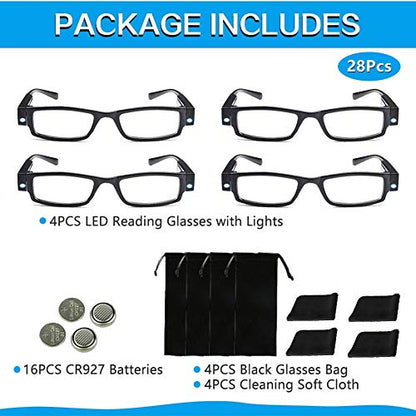 4 Pcs Reading Glasses Led Readers with Lights Fashion Glasses for Reading for Men and Women Lighted Magnifier Nighttime Reader Compact Full Frame Eyewear Unisex Clear Vision Lighted Eye Glasses(+100) - color: +100