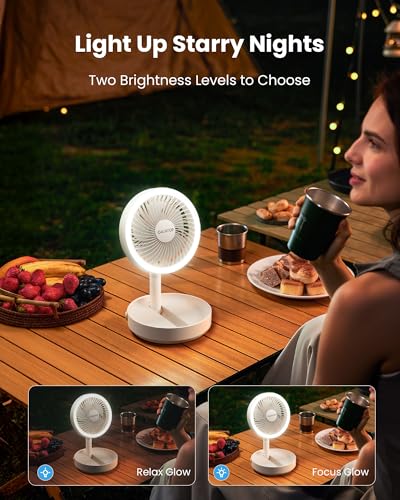 Gaiatop Foldable Small Desk Fan with LED Night Light, 6.8in Wireless 6000mAh Battery Powered Portable Fan USB Rechargeable, Bedroom Office Dorm Camping Travel Cruise Essentials, Gifts for Women Men - color: White