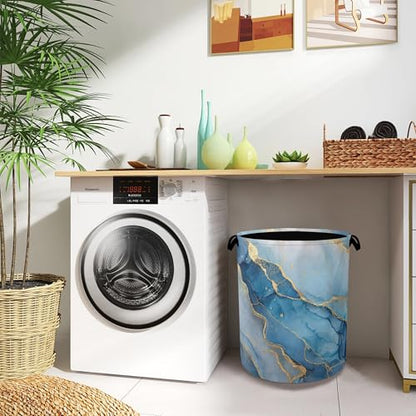 Blue Gold Marble Laundry Basket,Foldable with Handles Tote Bag Oxford Cloth for Bathroom Bedroom Dirty Clothes Storage Bucket 16" x 20.8" - color: Blue Gold Marble