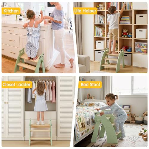 Wooden 3 Step Stool for Kids Bathroom Sink Foldable Anti-Slip, Child Stepping Stool for Bedroom - color: Green Frog