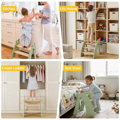 Wooden 3 Step Stool for Kids Bathroom Sink Foldable Anti-Slip, Child Stepping Stool for Bedroom - color: Green Frog