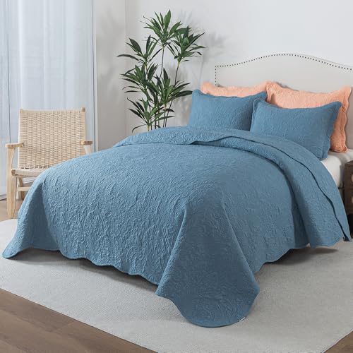 HoneiLife Queen Quilt Bedding Sets - Lightweight Bedspreads 3-Piece, Microfiber Quilt Sets Reversible Coverlets Rustic Bed Cover Damask Pattern Bedding Sets All Season Use - color: Dusty Blue, size: Queen/Full-90"x96"