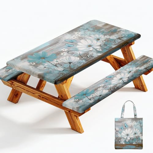 Picnic Table Cover with Bench Covers Elastic Edges, Outdoor Patio Camping Essentials 72 Inch 3PCS, Waterproof Camping Fitted Tablecloth with Handbags (Rustic Daisy Floral Art) - color: Rustic Daisy Floral Art, size: 72" x 30" (Rectangular)