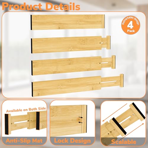 BAMEOS Bamboo Expandable Drawer Dividers – Fits 16.65"–22" Drawers, 3" Deep Walls, Set of 4 | Taller Spring-Loaded Separator Keeps Items Upright in Kitchen & Dresser Drawers - size: 3''H, 16.65''-22''L