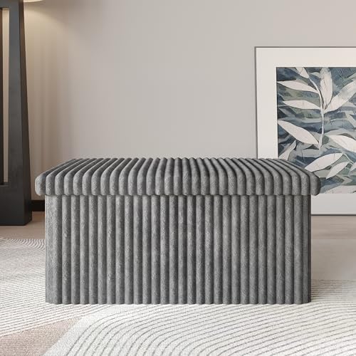 HOME DESIGN Florence 30" Upholstered Folding Storage Bench, Tufted Top, Space-Saving Storage, Gray Corduroy Fabric - color: Grey