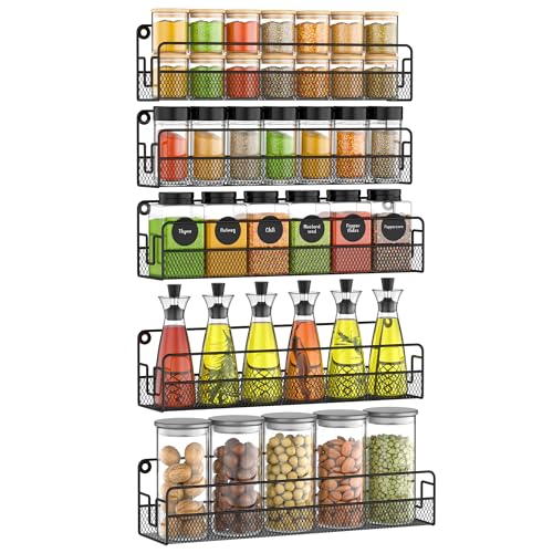 Wall Mounted Spice Rack Organizer, Pantry Door Organizer & Hanging Storage Baskets, Metal Spice Shelf for Kitchen Cabinet, 3 Depth Sizes Hold Large Jars to Nail Polish Bottles, 5 Pack - size: 5 Tier