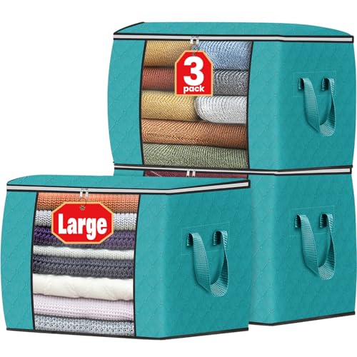 Fab totes 24 Gallons Clothes Storage, Foldable Thick Fabric Blanket Storage Bags, Containers for Organizing Bedroom, Closet, Clothing, Comforter, Organization with Handle (3 Pack,Green) - color: Green, size: 3 Pack-90l