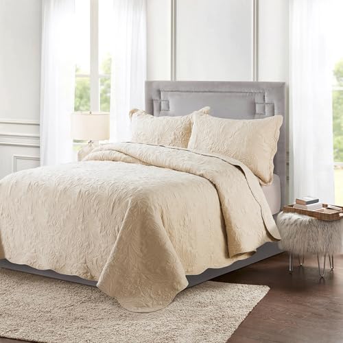 HoneiLife Quilt Set Queen Size - 3 Piece Embroidered Microfiber Bedspread Reversible Coverlet Lightweight Bedcover Paisley Pattern Bedding Set All Season Quilts-Khaki - color: Khaki, size: Queen/Full-90"x96"