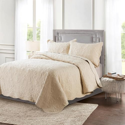 HoneiLife Quilt Set Queen Size - 3 Piece Embroidered Microfiber Bedspread Reversible Coverlet Lightweight Bedcover Paisley Pattern Bedding Set All Season Quilts-Khaki - color: Khaki, size: Queen/Full-90"x96"