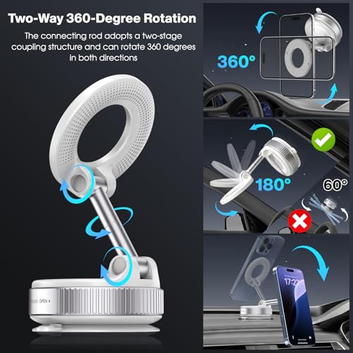 Jikasho Vacuum Magnetic Car Phone Holder for Magsafe, Hands-Free 360° Adjustable Suction Cup Phone Mount for Car/Gym/Mirror/Smooth Surface, Compatible with iPhone & Android (White) - color: White