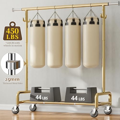 Raybee 75" W Heavy Duty Clothes Rack Load 450 LBS, Metal Garment Storage with Shelf, Lockable Wheels & Anti-Slip Stoppers, Rolling Clothing Rack for Bedroom Laundry Room, Gold - color: Gold, style: Rod Shelf