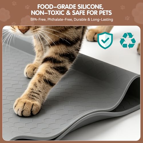 Silicone Cat Litter Mat, 34"x22" Large Waterproof Litter Box Mat with Honeycomb Wave Pattern, Non-Slip Easy Clean Litter Trapping Mat for Cat Litter Box Area Floor Protection (Gray)