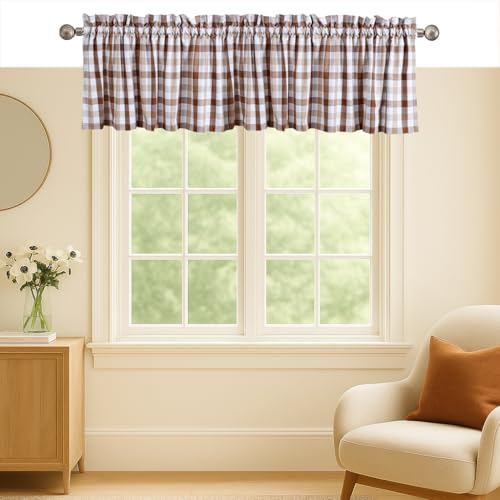 Brown and Beige Gingham Valance Curtains, 2 Pack, 54x18 Inches, 100% Cotton Farmhouse Window Valances, Washable Rod Pocket Short Curtain for Kitchen, Bedroom, Bathroom and Living Room - color: Multi Brown, Beige, size: 18"W x 54"L (Pack of 2)