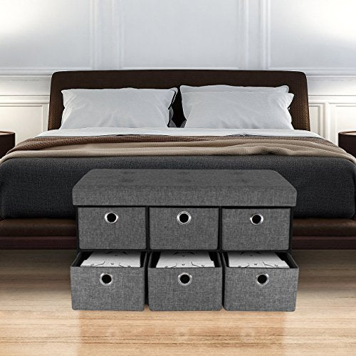 Sorbus Storage Bench Chest with Drawers – Collapsible Folding Bench Ottoman Includes Cover – Perfect for Entryway, Bedroom Bench, Cubby Drawer Footstool, Hope Chest, Faux Linen (Gray)