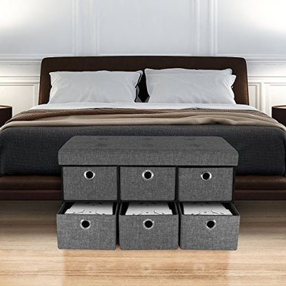 Sorbus Storage Bench Chest with Drawers – Collapsible Folding Bench Ottoman Includes Cover – Perfect for Entryway, Bedroom Bench, Cubby Drawer Footstool, Hope Chest, Faux Linen (Gray)