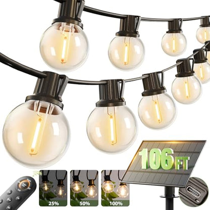 addlon 106FT(100+6) Solar String Lights with Remote, 54 Shatterproof G40 Bulbs, Commercial Grade Solar Powered Outdoor Light, Dimmable Waterproof Solar Lighting Outdoor for Garden Backyard Party Decor - size: 100FT