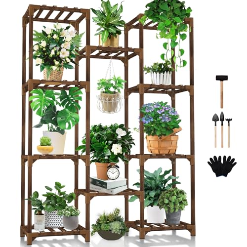 Uneedem Plant Stand Indoor Outdoor, Tall Plant Shelf for Multiple Plants, 10 tiers 11 Pot Large Plants Holder Rack Wood Plant Shelves for Room Corner Balcony Garden Patio - size: 10 Tiers Hanging Cabinet