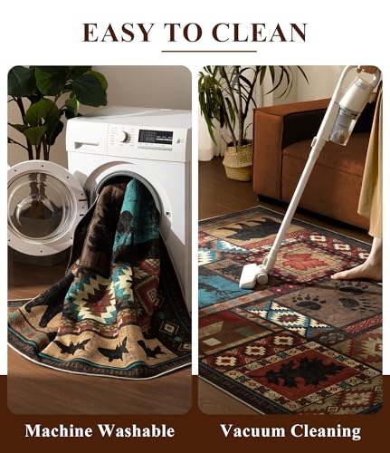 YIHOUSE Rustic Cabin Area Rug 4x6,Machine Washable Lodge Bear Rug,Non-Slip Low Pile Print Pattern Western Rug for Living Room Bedroom - color: Brown, size: 4'x6' (Rectangular)