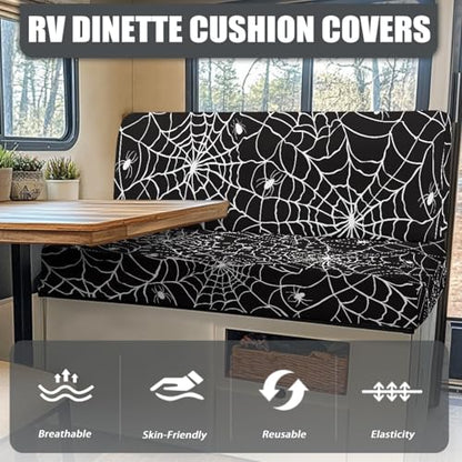 Cobweb RV Dinette Cushion Covers Replacement Camper Cushions Cover Stretch RV Couch Cover Halloween Camper Dinette Seat Cover for Travel Trailer Couch, Black - color: Cobweb