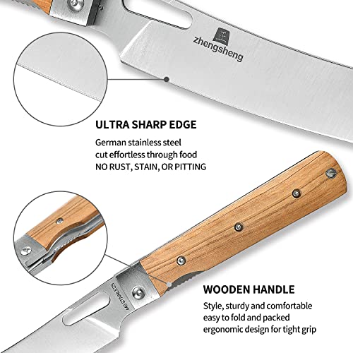 ZhengSheng Folding Chef Knife with Nylon Pouch 4.8” Ultra Sharp 440A Stainless Steel Blade Natural Olive Handle Pocket Foldable Japanese Style Kitchen Knife for Outdoor Camping BBQ trip Cooking. - color: #4 Natural Olive Handle - Black Nylon Pouch