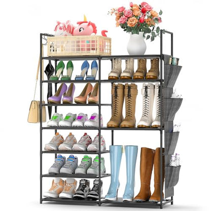 Kottwca 7 Tiers Shoe Rack Metal Shoe Organizer for Entryway Closet, 24-28 Pairs Stackable Shoe and Boots Shelf Storage Cabinet with Hooks and Side Hanging Pockets for Bedroom, Garage, Black - size: 2 Row 7 Tier