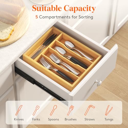 Lifewit Silverware Drawer Organizer, Utensil Tray for Kitchen, Flatware and Cutlery Holder, Storage for Spoons Forks Knives, 9.9 x 12.8", Natural - size: 9.9''W x 12.8''D
