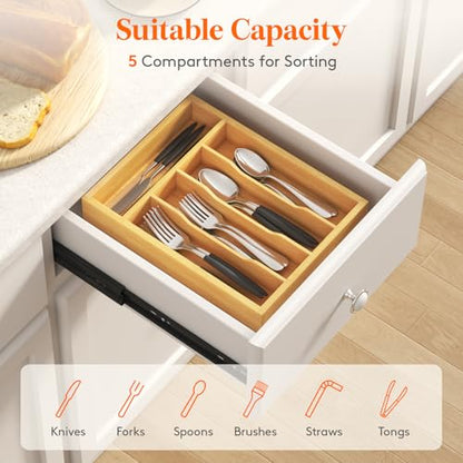 Lifewit Silverware Drawer Organizer, Utensil Tray for Kitchen, Flatware and Cutlery Holder, Storage for Spoons Forks Knives, 9.9 x 12.8", Natural - size: 9.9''W x 12.8''D