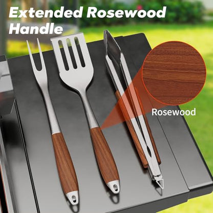 ENLOY Heavy-Duty Barbecue Grilling Tools Set, Outdoor Grill Accessories with Spatula, Fork & Tongs, Extended Rosewood Handle & Food-Grade Stainless Steel for Barbecue & Grill, 3Pcs BBQ Tools for Men