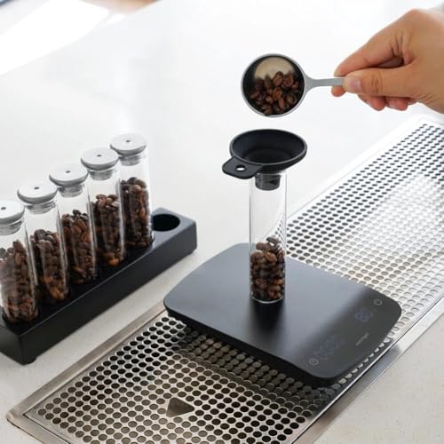 watchget Coffee Bean Container 6PCS Silver Coffee Bean Cellars Tubes Single Dose Coffee Bean Storage with One-Way Exhaust Valve & Black Stand & Silicone Funnel- Organized Storage Solution - color: Silver Aluminum Lid 6PCS